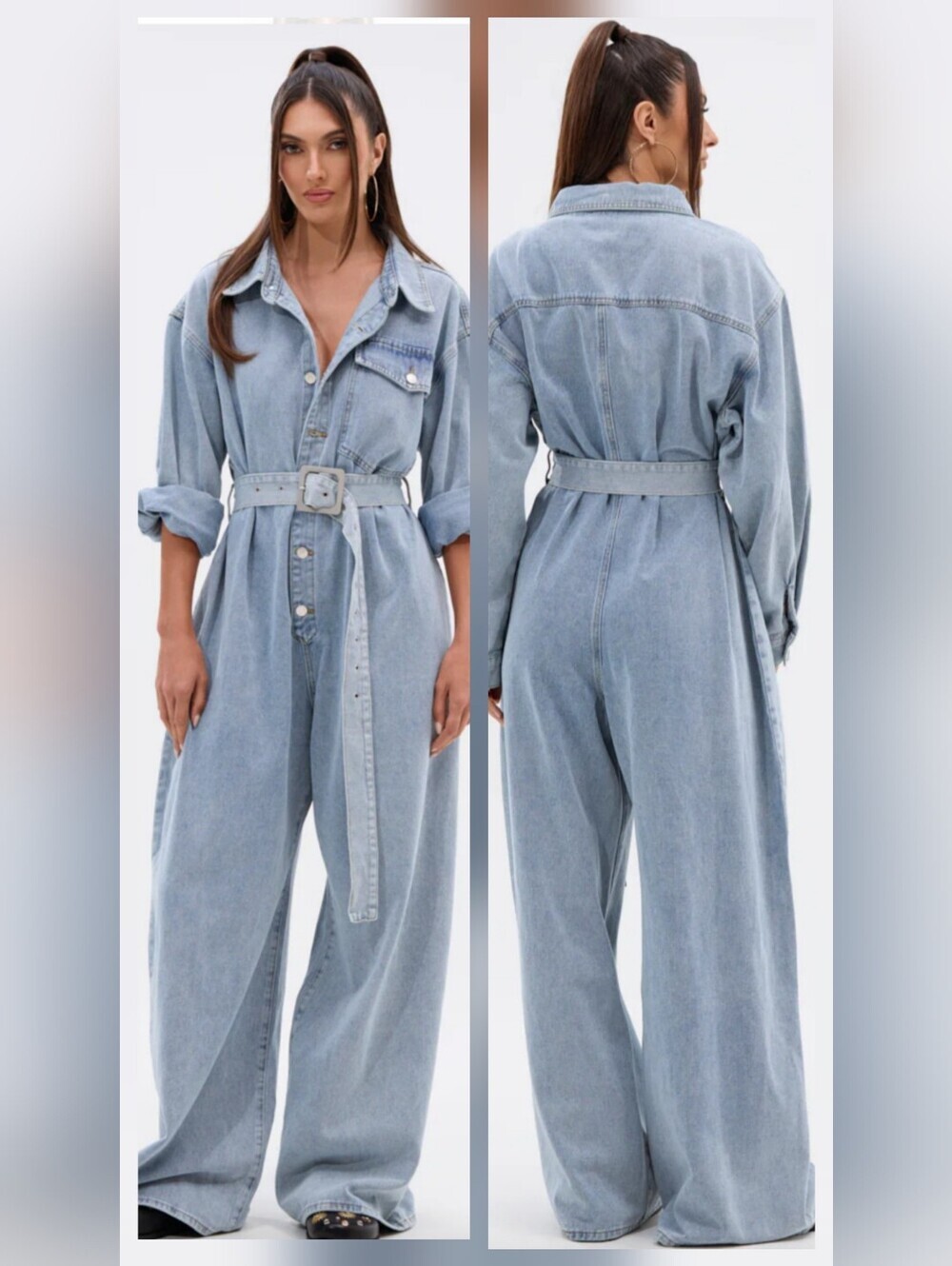 NWT- AKIRA Light Blue Denim Belted Jumpsuit w/Wide Legs - Size L/XL